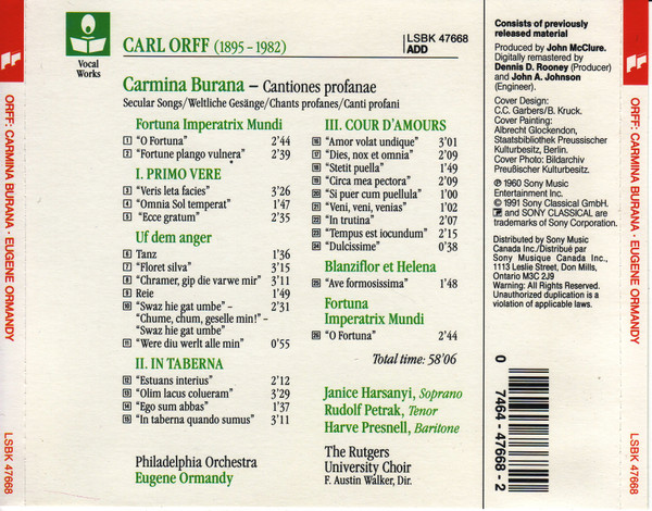 Carl Orff / The Philadelphia Orchestra, Eugene Ormandy - Carmina Burana (CD) (Near Mint (NM or M-)) - Image 2