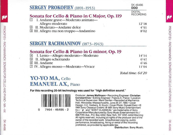Sergei Vasilyevich Rachmaninoff • Sergei Prokofiev - Emanuel Ax • Yo-Yo Ma - Cello Sonatas (CD, Album) (Near Mint (NM or M-)) - Image 4