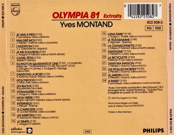 Yves Montand - Olympia "81" Extraits (CD, Album, RE) (Near Mint (NM or M-)) - Image 2