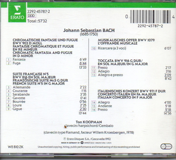 Johann Sebastian Bach, Ton Koopman - Italienisches Konzert / Chromatische Fantasie Und Fuge / Toccata G-Dur / Suite Française No 5 / Ricercare (Musikalisches Opfer) (CD, Album) (Near Mint (NM or M-)) - Image 2