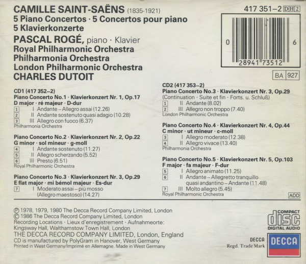 Camille Saint-Saëns, Pascal Rogé, Charles Dutoit - 5 Piano Concertos = 5 Klavierkonzerte (2xCD, RM) (Near Mint (NM or M-)) - Image 2