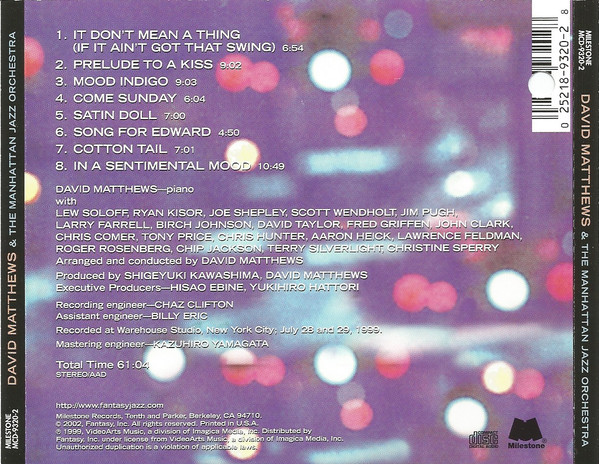Dave Matthews (3) & The Manhattan Jazz Orchestra - Hey Duke! (CD) (Near Mint (NM or M-)) - Image 2