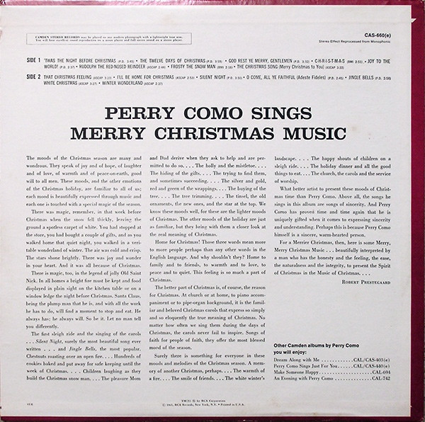 Perry Como - Perry Como Sings Merry Christmas Music (LP, Album, RE) (Mint (M)) - Image 2