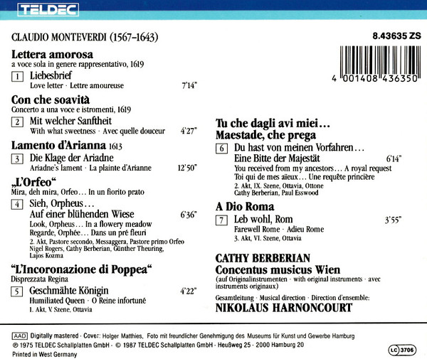 Cathy Berberian, Nikolaus Harnoncourt, Concentus Musicus Wien - Cathy Berberian sings Claudio Monteverdi (CD, Album, RE) (Near Mint (NM or M-)) - Image 2