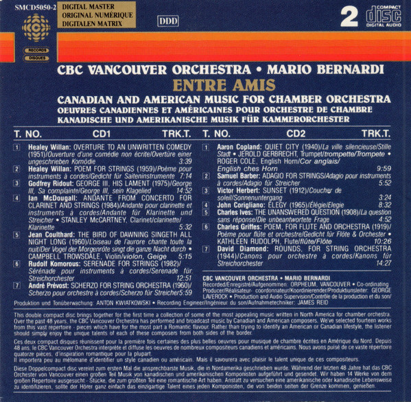 CBC Vancouver Orchestra, Mario Bernardi (2) - Entre Amis–Canadian And American Music For Chamber Orchestra (CD) (Near Mint (NM or M-)) - Image 2