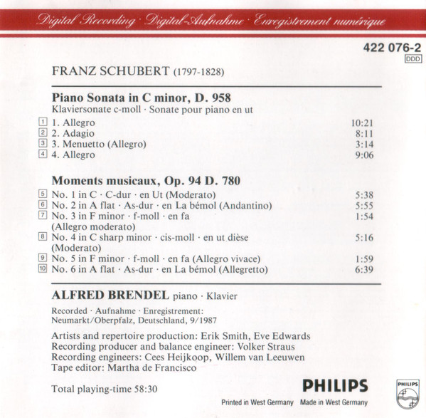 Franz Schubert, Alfred Brendel - Piano Sonata In C Minor, D. 958 · Moments Musicaux, D. 780 (CD, Album) (Near Mint (NM or M-)) - Image 2
