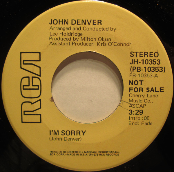 John Denver - I'm Sorry (7", Mono, Promo) (Near Mint (NM or M-)) - Image 2