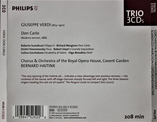 Giuseppe Verdi, Orchestra Of The Royal Opera House, Covent Garden, Bernard Haitink - Don Carlo (3xCD + Box, RE) (Near Mint (NM or M-)) - Image 2