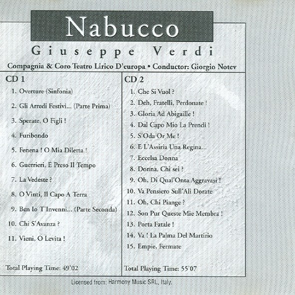 Giuseppe Verdi, Compagnia E Coro Del Teatro Lirico D'Europa , Conductor: Giorgio Notev - Nabucco (2xCD, Album) (Near Mint (NM or M-)) - Image 2
