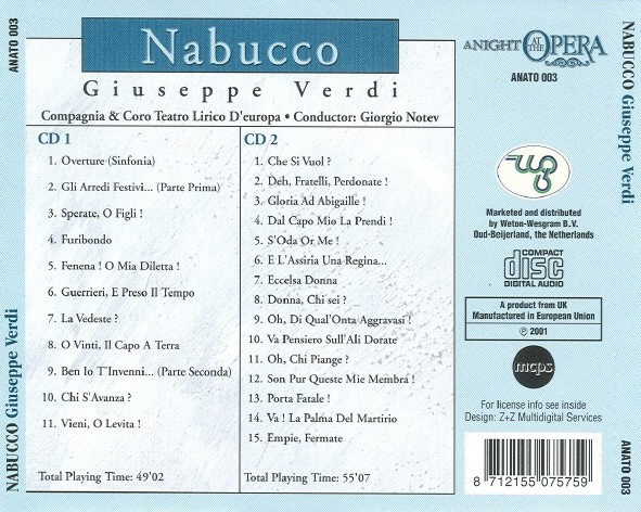 Giuseppe Verdi, Compagnia E Coro Del Teatro Lirico D'Europa , Conductor: Giorgio Notev - Nabucco (2xCD, Album) (Near Mint (NM or M-)) - Image 3