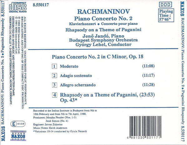 Sergei Vasilyevich Rachmaninoff, Jenö Jandó, Budapest Symphony Orchestra, György Lehel - Piano Concerto No. 2 • Rhapsody On A Theme Of Paganini (CD, Album, RE) (Near Mint (NM or M-)) - Image 2
