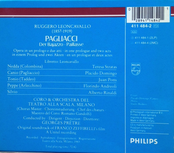 Ruggiero Leoncavallo - Placido Domingo, Teresa Stratas, Juan Pons, Alberto Rinaldi, Florindo Andreolli, Coro Del Teatro Alla Scala & Orchestra Del Teatro Alla Scala, Georges Prêtre - Pagliacci · Der Bajazzo · Paillasse (CD, Album, Sli) (Near Mint (NM or M-)) - Image 2