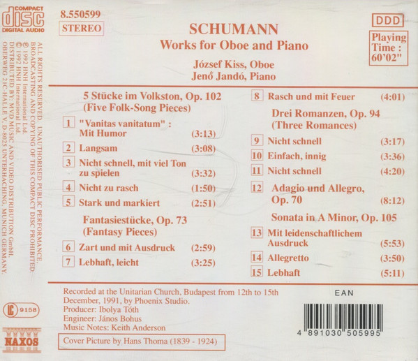 Robert Schumann, József Kiss, Jenö Jandó - Works For Oboe And Piano (CD, Album) (Near Mint (NM or M-)) - Image 2