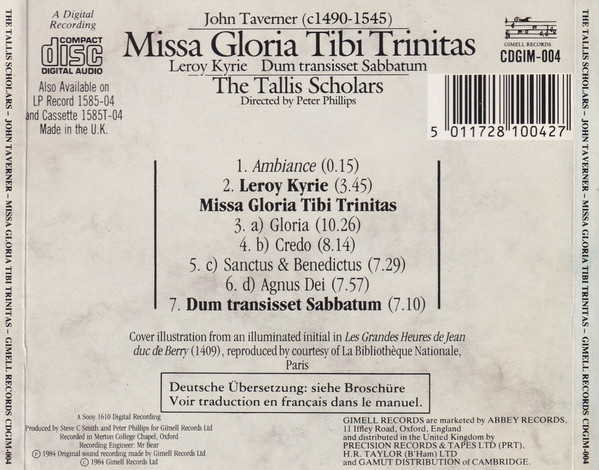 John Taverner, The Tallis Scholars Directed By Peter Phillips (2) - Missa Gloria Tibi Trinitas / Leroy Kyrie / Dum Transisset Sabbatum (CD) (Near Mint (NM or M-)) - Image 4
