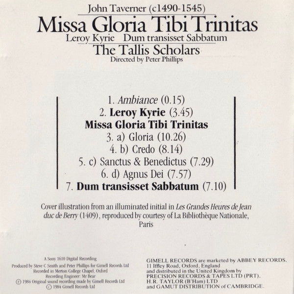 John Taverner, The Tallis Scholars Directed By Peter Phillips (2) - Missa Gloria Tibi Trinitas / Leroy Kyrie / Dum Transisset Sabbatum (CD) (Near Mint (NM or M-)) - Image 2