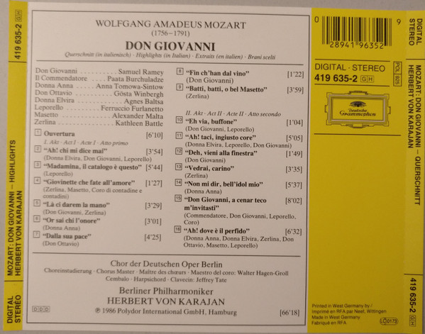Wolfgang Amadeus Mozart : Berliner Philharmoniker, Herbert Von Karajan - Don Giovanni (Querschnitt • Highlights • Extraits • Brani Scelti) (CD) (Near Mint (NM or M-)) - Image 2