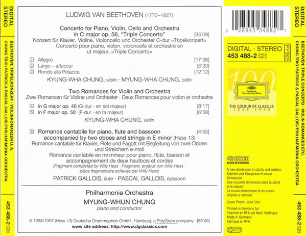 Ludwig van Beethoven – Chung Trio • Patrick Gallois • Pascal Gallois • Philharmonia Orchestra • Myung-Whun Chung - Triple Concerto • Romance In E Minor • Violin Romances Opp. 40 & 50 (CD, Album, PMD) (Near Mint (NM or M-)) - Image 2