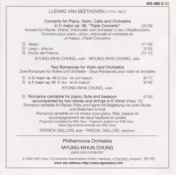 Ludwig van Beethoven – Chung Trio • Patrick Gallois • Pascal Gallois • Philharmonia Orchestra • Myung-Whun Chung - Triple Concerto • Romance In E Minor • Violin Romances Opp. 40 & 50 (CD, Album, PMD) (Near Mint (NM or M-)) - Image 5