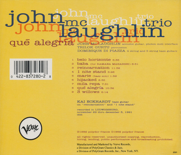 John McLaughlin Trio - Qué Alegría (CD, Album) (Near Mint (NM or M-)) - Image 2