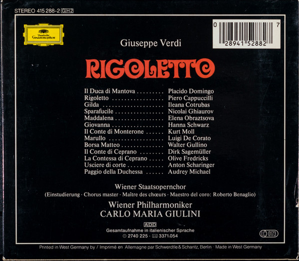 Giuseppe Verdi - Piero Cappuccilli · Ileana Cotrubas · Placido Domingo · Elena Obraztsova · Nicolai Ghiaurov · Kurt Moll · Hanna Schwarz · Wiener Staatsopernchor · Wiener Philharmoniker · Carlo Maria Giulini - Rigoletto (2xCD, Album, RE, RM + Box, Sli) (Near Mint (NM or M-)) - Image 3