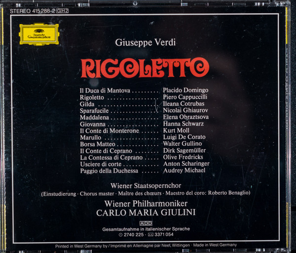 Giuseppe Verdi - Piero Cappuccilli · Ileana Cotrubas · Placido Domingo · Elena Obraztsova · Nicolai Ghiaurov · Kurt Moll · Hanna Schwarz · Wiener Staatsopernchor · Wiener Philharmoniker · Carlo Maria Giulini - Rigoletto (2xCD, Album, RE, RM + Box, Sli) (Near Mint (NM or M-)) - Image 5