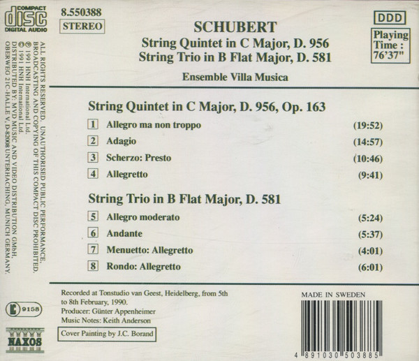 Franz Schubert, Ensemble Villa Musica - String Quintet In C Major, D. 956 / String Trio In B Flat Major, D. 581 (CD, Album) (Near Mint (NM or M-)) - Image 2
