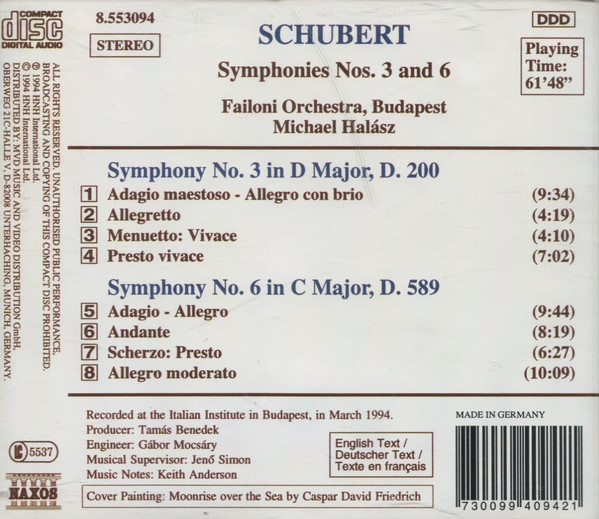 Franz Schubert - Failoni Chamber Orchestra, Budapest, Michael Halász - Symphonies No. 3, D. 200 • No. 6, D. 589 (CD, Album) (Near Mint (NM or M-)) - Image 2