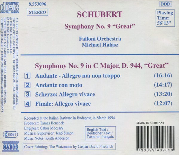Franz Schubert, Failoni Chamber Orchestra, Budapest, Michael Halász - Symphony No. 9, D. 944 "Great" (CD, Album) (Near Mint (NM or M-)) - Image 2