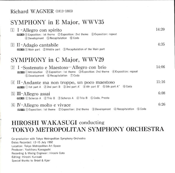 Tokyo Metropolitan Symphony Orchestra Conducted By Hiroshi Wakasugi . Richard Wagner - Symphonies In E Major, In C Major (CD, Album) (Near Mint (NM or M-)) - Image 2