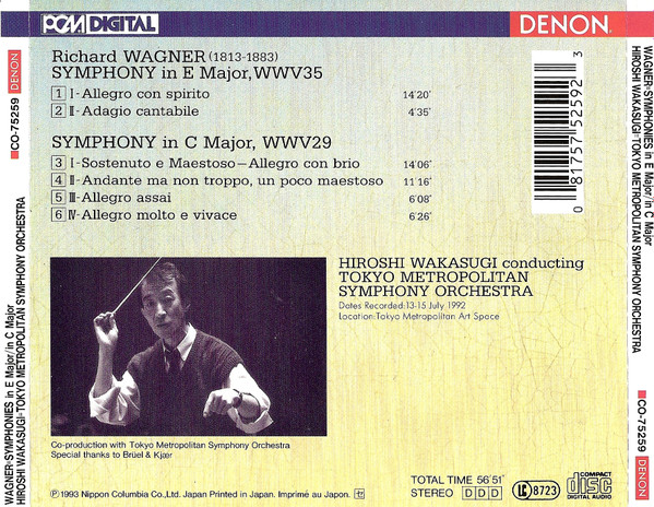 Tokyo Metropolitan Symphony Orchestra Conducted By Hiroshi Wakasugi . Richard Wagner - Symphonies In E Major, In C Major (CD, Album) (Near Mint (NM or M-)) - Image 3