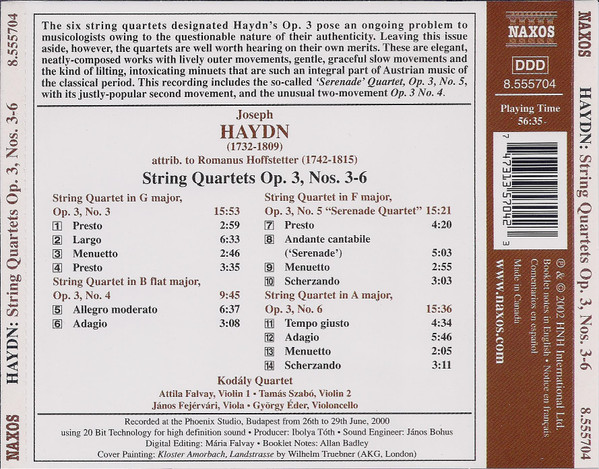 Joseph Haydn (Attrib. To Roman Hoffstetter ) / Kodály Quartet - String Quartets Op. 3, Nos. 3-6 (CD, Album) (Near Mint (NM or M-)) - Image 2