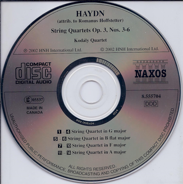 Joseph Haydn (Attrib. To Roman Hoffstetter ) / Kodály Quartet - String Quartets Op. 3, Nos. 3-6 (CD, Album) (Near Mint (NM or M-)) - Image 3