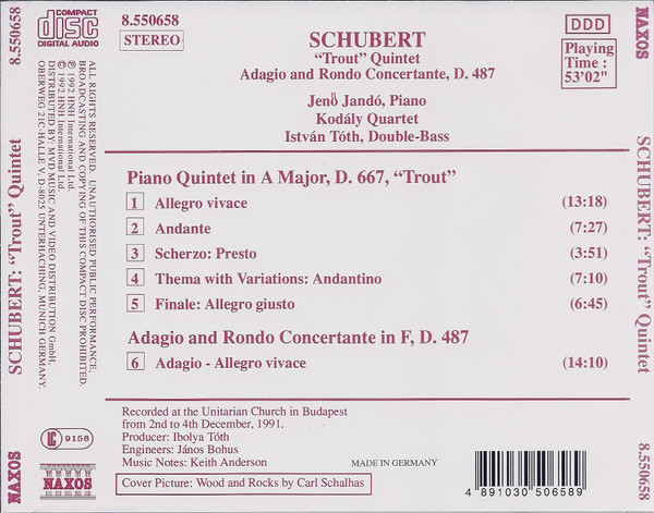 Franz Schubert - Jenö Jandó, Kodály Quartet, István Tóth - Piano Quintet "Trout" • Adagio And Rondo Concertante, D. 487 (CD, Album) (Near Mint (NM or M-)) - Image 2