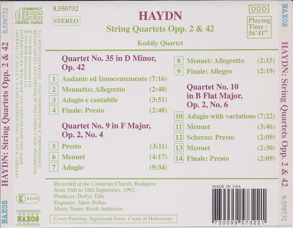 Joseph Haydn - Kodály Quartet - String Quartets Op. 2, Nos. 4 And 6 • Op. 42 (CD, Album) (Near Mint (NM or M-)) - Image 2