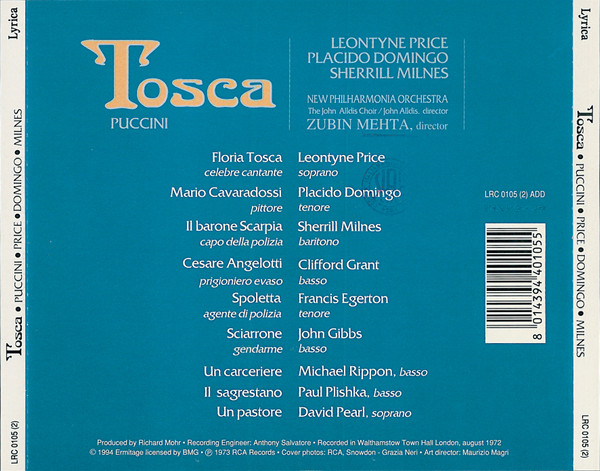 Giacomo Puccini, Leontyne Price, Placido Domingo, Sherrill Milnes, Zubin Mehta, New Philharmonia Orchestra, John Alldis Choir / John Alldis - Tosca (2xCD, Album, RE, RM) (Very Good Plus (VG+)) - Image 2