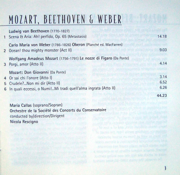 Wolfgang Amadeus Mozart, Ludwig van Beethoven, Carl Maria von Weber / Maria Callas, Orchestre De La Société Des Concerts Du Conservatoire, Nicola Rescigno - Mozart, Beethoven, Weber: Arias = Airs = Arien (CD, Album, RE, RM) (Near Mint (NM or M-)) - Image 5