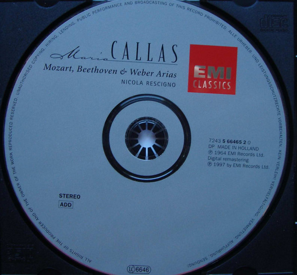 Wolfgang Amadeus Mozart, Ludwig van Beethoven, Carl Maria von Weber / Maria Callas, Orchestre De La Société Des Concerts Du Conservatoire, Nicola Rescigno - Mozart, Beethoven, Weber: Arias = Airs = Arien (CD, Album, RE, RM) (Near Mint (NM or M-)) - Image 3