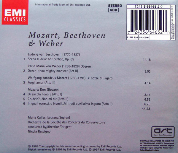 Wolfgang Amadeus Mozart, Ludwig van Beethoven, Carl Maria von Weber / Maria Callas, Orchestre De La Société Des Concerts Du Conservatoire, Nicola Rescigno - Mozart, Beethoven, Weber: Arias = Airs = Arien (CD, Album, RE, RM) (Near Mint (NM or M-)) - Image 2