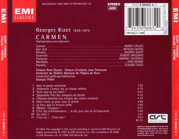 Georges Bizet - Maria Callas, Nicolai Gedda, Andréa Guiot, Robert Massard, Les Chœurs René Duclos, Orchestre National De L'Opéra De Paris, Georges Prêtre - Carmen (CD, Album, RE, RM) (Near Mint (NM or M-)) - Image 2