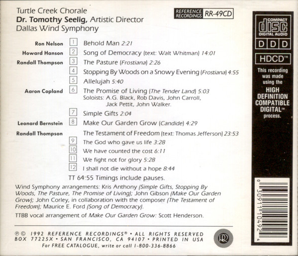 Turtle Creek Chorale, Tim Seelig, Dallas Wind Symphony - Testament - American Music For Male Chorus And Band (HDCD, Comp) (Near Mint (NM or M-)) - Image 2