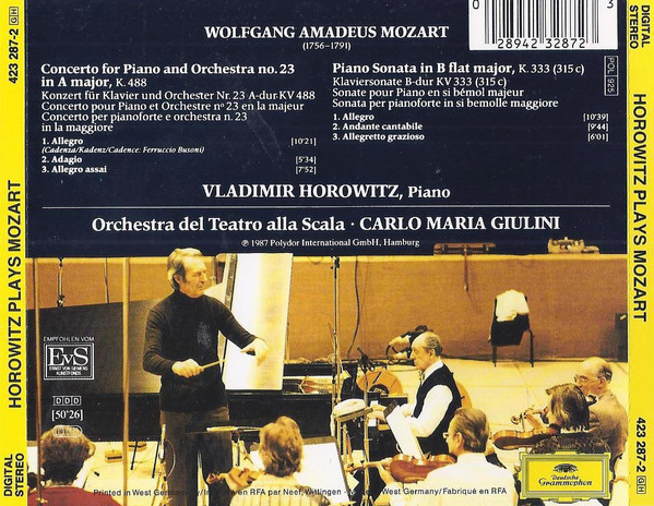 Vladimir Horowitz Plays Wolfgang Amadeus Mozart - Orchestra Del Teatro Alla Scala, Carlo Maria Giulini - Piano Concerto No. 23 K. 488 • Piano Sonata K. 333 (CD, RE, PDO) (Near Mint (NM or M-)) - Image 2