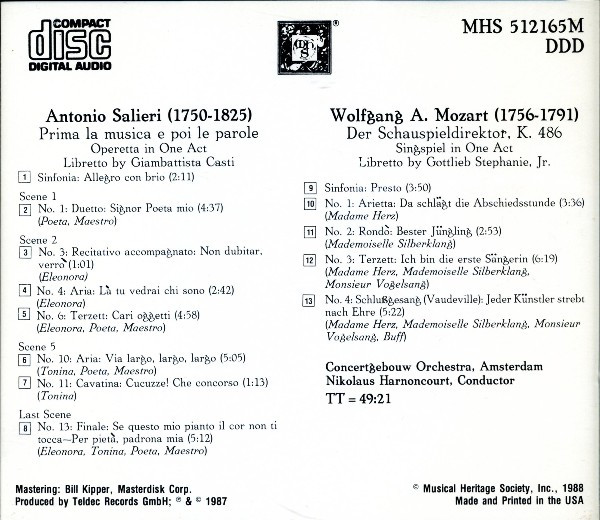 Antonio Salieri / Wolfgang Amadeus Mozart - Concertgebouworkest, Nikolaus Harnoncourt - Prima La Musica E Poi Le Parole / Der Schauspieldirektor (CD) (Near Mint (NM or M-)) - Image 4