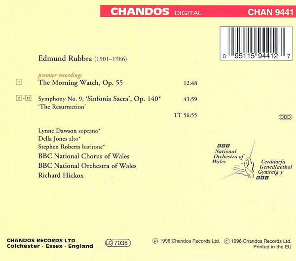 Edmund Rubbra, BBC National Chorus Of Wales And BBC National Orchestra Of Wales, Richard Hickox - Symphony No. 9 "Sinfonia Sacra"; The Morning Watch (CD, Album) (Near Mint (NM or M-)) - Image 2
