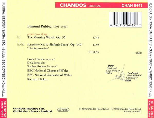 Edmund Rubbra, BBC National Chorus Of Wales And BBC National Orchestra Of Wales, Richard Hickox - Symphony No. 9 "Sinfonia Sacra"; The Morning Watch (CD, Album) (Near Mint (NM or M-)) - Image 3