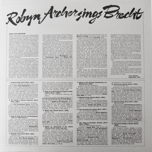 Robyn Archer, London Sinfonietta Conducted By Dominic Muldowney - Robyn Archer Sings Brecht (LP, Album, Gat) (Mint (M)) - Image 4