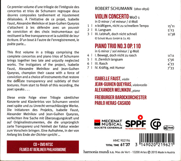 Robert Schumann - Isabelle Faust, Jean-Guihen Queyras, Alexander Melnikov, Pablo Heras-Casado, Freiburger Barockorchester - Violin Concerto / Piano Trio No. 3 (CD, Album + DVD-V, NTSC) (Near Mint (NM or M-)) - Image 2