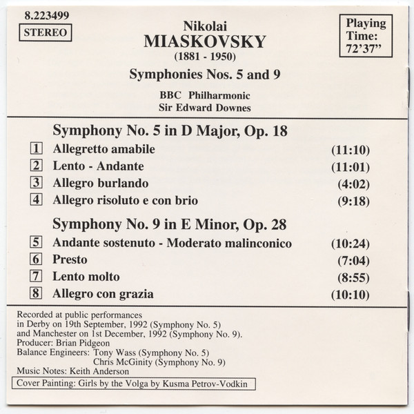 BBC Philharmonic, Edward Downes - Nikolai Miaskovsky Symphonies Nos. 5 and 9 (CD, Album) (Near Mint (NM or M-)) - Image 2