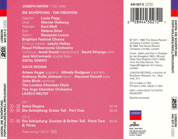 Joseph Haydn - Lucia Popp • Helena Döse • Werner Hollweg • Kurt Moll • Benjamin Luxon • Brighton Festival Chorus • Royal Philharmonic Orchestra • Antal Dorati - Die Schöpfung / Salve Regina (2xCD, Comp, RE, RM) (Near Mint (NM or M-)) - Image 2