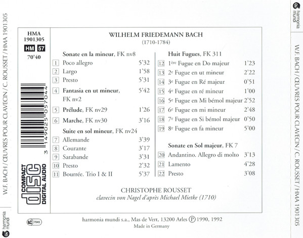 Wilhelm Friedemann Bach – Christophe Rousset - Œuvres Pour Clavecin (CD, RE) (Near Mint (NM or M-)) - Image 3