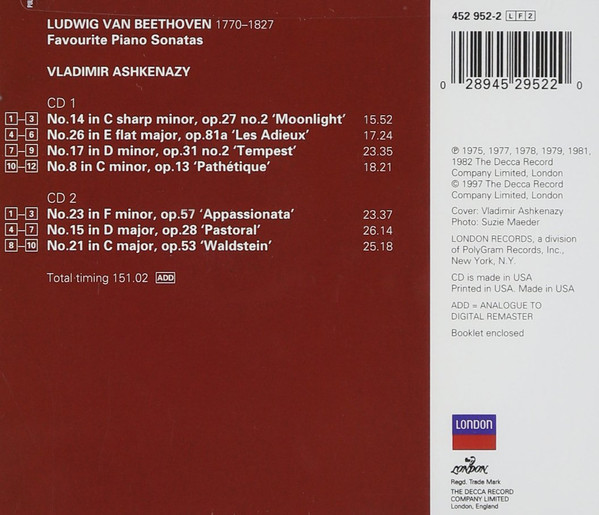 Ludwig van Beethoven, Vladimir Ashkenazy - Favourite Piano Sonatas (2xCD, Comp, RE, RM) (Near Mint (NM or M-)) - Image 2